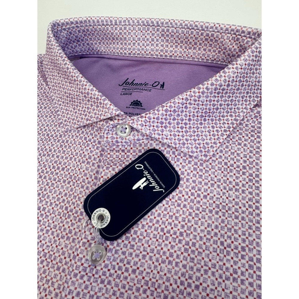 NWT johnnie-O LATTICE Performance Golf Polo Shirt Abstract Check Lavender LARGE